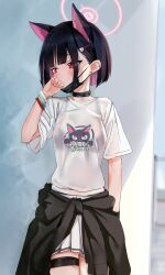 Rule 34 | 1girl, animal ears, black hair, blue archive, bracelet, cat ears, clothes around waist, covering own mouth, cowboy shot, earclip, extra ears, halo, highres, jacket, jacket around waist, jewelry, kazusa (band) (blue archive), kure (kure ng), mask pull, pink hair, pleated skirt, red eyes, shirt, short hair, skirt, solo, standing, thigh strap, white shirt
