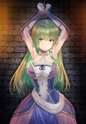 Rule 34 | 1girl, alternate costume, armpits, arms up, blonde hair, bound, bound wrists, breasts, brick wall, commentary request, dress, elbow gloves, gloves, green eyes, green hair, kochiya sanae, large breasts, long hair, looking at viewer, multicolored hair, restrained, sleeveless, sleeveless dress, solo, tiara, touhou, y2