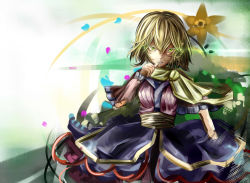 Rule 34 | 1girl, arm warmers, biting, blonde hair, clenched teeth, floral background, glowing, glowing eyes, houdukixx, looking at viewer, mizuhashi parsee, pointy ears, sash, scarf, short hair, solo, teeth, thumb biting, touhou, yellow eyes, yellow scarf