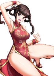 Rule 34 | 1girl, aegis (nerocc), arm up, armpits, braid, breasts, brown eyes, brown hair, china dress, chinese clothes, dead or alive, dress, female focus, high heels, large breasts, lei fang, looking at viewer, open mouth, pelvic curtain, smile, solo, thighs, twin braids