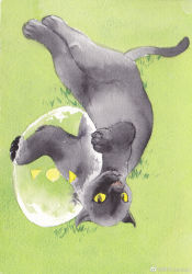 Rule 34 | animal focus, ball, black cat, cat, colored sclera, from above, full body, grass, highres, holding, holding ball, junsun, looking at viewer, lying, no humans, on back, original, playing, simple background, traditional media, weibo logo, weibo watermark, yellow sclera