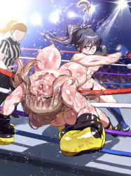 Rule 34 | 3girls, battle, black hair, blood, boots, boxing, boxing gloves, breasts, brown eyes, brown hair, bruise, bruise on face, catfight, defeat, empty eyes, highres, injury, large breasts, mitsubachi suzumebachi, mouth guard, multiple girls, norbon, nude, original, ponytail, punched, purple eyes, referee, ryona, saliva, sweat, thong, topless, unaligned breasts, unconscious