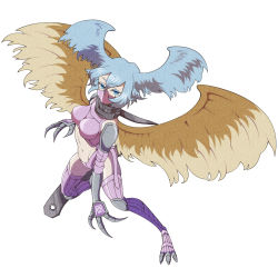 Rule 34 | 00s, 1girl, armor, bikini armor, blue eyes, blue hair, breasts, claws, digimon, digimon (creature), digimon frontier, elbow gloves, facial mark, gauntlets, gloves, groin, half mask, head wings, high collar, knee pads, lingerie, mask, medium breasts, medium hair, mouth mask, panties, pink panties, pink thighhighs, scarf, short hair, shoulder pads, shutumon, simple background, talons, thighhighs, thighs, underwear, white background, wings