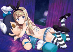 Rule 34 | 10s, 1girl, ass, ayase alisa, bikini, bikini top only, blonde hair, blue eyes, blush, breasts, butt crack, character doll, hairband, hugging doll, hugging object, long hair, looking at viewer, looking back, love live!, love live! school idol project, lying, mary janes, medium breasts, microskirt, on stomach, panties, polka dot, puffy short sleeves, puffy sleeves, shoes, short sleeves, sideboob, skirt, solo, sonoda umi, striped clothes, striped thighhighs, swimsuit, tetsujin momoko, thighhighs, underwear, white panties