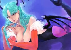 1girl animal_print ass bat_print bat_wings black_footwear blue_background blue_eyes boots breasts bridal_gauntlets cleavage commentary_request darkstalkers demon_girl fur-trimmed_leotard fur_trim green_hair head_wings highres large_breasts leotard long_hair looking_at_viewer lying morrigan_aensland on_stomach pantyhose parted_bangs parted_lips pink_lips print_pantyhose purple_pantyhose purple_wings seductive_smile smile solo takeda_yuuko the_pose wings