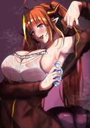 Rule 34 | 1girl, absurdres, arm up, armpits, blush, breasts, dragon, glint, highres, hololive, horns, jacket, jar, kiryu coco, kiryu coco (loungewear), large breasts, long hair, multicolored hair, open mouth, orange hair, pink eyes, removing jacket, solo, steam, streaked hair, sweat, sweaty clothes, tomodachi (tomofanart), undressing, virtual youtuber