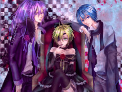 Rule 34 | 3boys, armchair, blonde hair, blue eyes, chain, chair, choker, crossdressing, dress, eyepatch, finger to mouth, flower, gown, imitation black (vocaloid), jewelry, kagamine len, kaito (vocaloid), kamui gakupo, male focus, multiple boys, nail polish, necklace, necktie, non-web source, ponytail, purple eyes, purple hair, rose, scarf, short hair, side ponytail, vocaloid