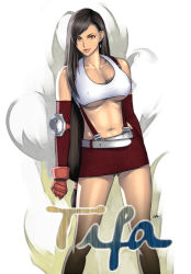 Rule 34 | 1990s (style), 1girl, alternate color, bare shoulders, belt, black hair, breasts, brown eyes, character name, cleavage, crop top, earrings, elbow gloves, final fantasy, final fantasy vii, fingerless gloves, gloves, jewelry, large breasts, lipstick, long hair, low-tied long hair, makeup, midriff, miniskirt, navel, pencil skirt, retro artstyle, shirt, skirt, solo, suspender skirt, suspenders, tank top, taut clothes, taut shirt, tifa lockhart, underboob, very long hair, wakino keibun, white background
