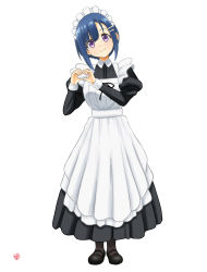 Rule 34 | 1girl, absurdres, black footwear, blue hair, bokutachi no remake, full body, hair ornament, hairclip, heart, heart hands, highres, long sleeves, looking at viewer, maid, maid headdress, nao suke, pantyhose, puffy long sleeves, puffy sleeves, purple eyes, shino aki, shoes, simple background, solo, standing, white background