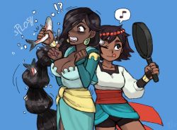 Rule 34 | !?, 2girls, ;p, ajna (indivisible), bike shorts, blue background, bracelet, braid, breasts, bridal gauntlets, cleavage, commentary, dark skin, dark-skinned female, earrings, emlan, fish, frying pan, indivisible, jewelry, large breasts, long hair, medium breasts, multiple girls, musical note, one eye closed, quaver, spoken musical note, thorani (indivisible), tongue, tongue out, very long hair, wet, wet hair