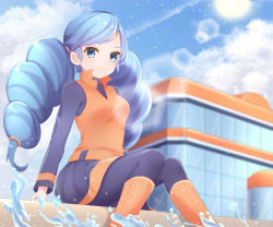 Rule 34 | 1girl, ace trainer (pokemon), arm support, belt, blue hair, blurry, blurry background, boots, breasts, building, closed mouth, cloud, collared vest, commentary request, creatures (company), day, from below, game freak, hair tie, highres, lens flare, long sleeves, looking at viewer, nintendo, npc trainer, orange footwear, orange vest, outdoors, pantyhose, pokemon, pokemon bw, shirt, sitting, sky, smile, solo, sun, takahara, twintails, vest, water, water drop