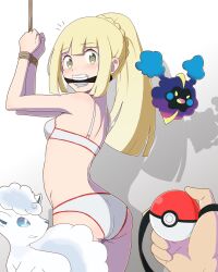 Rule 34 | 1girl, 1other, absurdres, alolan form, alolan vulpix, arched back, arms up, ass, ball gag, bare shoulders, bdsm, blonde hair, blunt bangs, blush, bondage, bound, bound arms, bound wrists, bra, braid, cheek bulge, cleave gag, cloth gag, cosmog, creatures (company), crown braid, female focus, gag, gagged, game freak, gen 7 pokemon, green eyes, heart, heart-shaped pupils, highres, holding, holding gag, holding poke ball, imminent gagging, improvised gag, legendary pokemon, light blush, lillie (pokemon), looking at viewer, looking back, mouth stuffed, nintendo, panties, poke ball, poke ball (basic), pokemon, pokemon sm, ponytail, rope, shadow, sidelocks, simple background, smile, symbol-shaped pupils, thighs, tiedtiki, underwear, white background, white bra, white panties