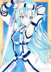 Rule 34 | 1girl, absurdres, armpits, arms up, asuna (sao-alo), blue eyes, blue hair, blue ribbon, breasts, closed mouth, detached sleeves, dress, floating hair, hair between eyes, highres, holding, holding sword, holding weapon, long hair, looking at viewer, marker (medium), medium breasts, ribbon, sample watermark, short sleeves, sleeveless, sleeveless dress, smile, solo, standing, sword, sword art online, traditional media, very long hair, watermark, weapon, white sleeves, yuiki (cube)