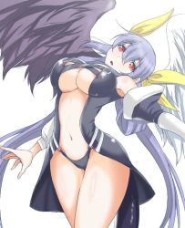 Rule 34 | 1girl, :o, aoiakira553, areola slip, asymmetrical wings, black panties, black wings, blue hair, breasts, cleavage, dizzy (guilty gear), female focus, guilty gear, hair ribbon, large breasts, long hair, looking at viewer, navel, open mouth, panties, red eyes, revealing clothes, ribbon, simple background, solo, tail, thick thighs, thighs, underboob, underwear, white background, white wings, wide hips, wings
