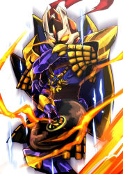 Rule 34 | 1boy, alternate color, armor, armored boots, aura, boots, breastplate, commentary request, emon-yu, feet out of frame, garter straps, glowing, glowing eyes, helmet, looking at viewer, magic, male focus, pauldrons, purple armor, ragnarok online, royal guard (ragnarok online), shield, shoulder armor, simple background, solo, white background