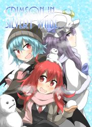 Rule 34 | 3girls, blue hair, blush, cover, cover page, crescent, crescent hair ornament, demon wings, hair ornament, head wings, koakuma, long hair, multiple girls, nobamo pieruda, open clothes, patchouli knowledge, purple eyes, purple hair, red eyes, red hair, remilia scarlet, snowball, snowman, touhou, wings, winter clothes