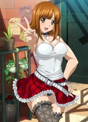 Rule 34 | 00s, 1girl, ato (ikkitousen), blue panties, breasts, brown eyes, brown hair, cleavage, collar, collarbone, covered navel, eyebrows, hand on own hip, heart, ikkitousen, large breasts, long hair, open mouth, panties, pantyshot, red skirt, shirt, short hair, skirt, solo, standing, thighhighs, underwear, v, white shirt