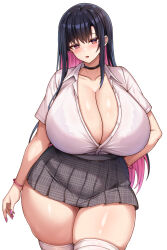 1girl absurdres black_choker black_hair blush bra bra_visible_through_clothes bracelet breasts choker cleavage collarbone colored_inner_hair commentary_request gigantic_breasts grey_skirt highres jewelry long_hair looking_at_viewer mitomumitomu multicolored_hair nail_polish open_mouth original pink_eyes pink_hair pink_nails plaid_clothes plaid_skirt plump school_uniform shirt short_sleeves simple_background skirt solo thighhighs thighs two-tone_hair underwear white_background white_shirt white_thighhighs