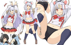 Rule 34 | 2girls, animal ears, arms up, ass, black hair, black panties, black skirt, blush, bow, brooch, brown footwear, clapping, closed eyes, commentary request, dual persona, frills, granblue fantasy, hair ornament, hairband, hairclip, heart, heart brooch, jewelry, long sleeves, looking at viewer, midriff, mouse (animal), mouse ears, multiple girls, multiple views, navel, panties, pleated skirt, red eyes, red skirt, shirt, shiseki hirame, shoes, short hair, silver hair, sitting, skirt, smile, translation request, underwear, vikala (granblue fantasy), white shirt, white skirt, wide sleeves