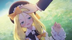 Rule 34 | 1girl, abigail williams (fate), blonde hair, blue eyes, blush, bow, bowtie, cloud, clover, dress, fate/grand order, fate (series), formal, four-leaf clover, grass, green eyes, hand on head, highres, long hair, sky, smile, suit, white dress