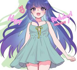 Rule 34 | 1girl, 2023, :3, :d, arms at sides, bare arms, blue hair, blunt bangs, blush, clenched hand, commentary request, cowboy shot, day, dress, drop shadow, floating hair, furude rika, green dress, happy, happy birthday, heart, highres, higurashi no naku koro ni, long hair, looking at viewer, notice lines, open mouth, purple eyes, ribbon, sidelocks, sleeveless, sleeveless dress, smile, solo, very long hair, yellow ribbon, yuno ff