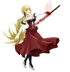 Rule 34 | 1girl, bare shoulders, black pantyhose, blonde hair, blood, breasts, cleavage, dress, elbow gloves, full body, fur trim, gloves, hair ribbon, high heels, highres, hizumi (s05a1064), kiss-shot acerola-orion heart-under-blade, long hair, looking at viewer, medium breasts, monogatari (series), oshino shinobu, pantyhose, pointy ears, ribbon, shoes, simple background, smile, solo, very long hair, white background, white footwear, yellow eyes