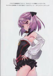 Rule 34 | 1girl, absurdres, armpits, ass, bare shoulders, belt, bow, detached sleeves, dress, fate/grand order, fate (series), flat chest, frills, from side, hair bow, hands on own hips, helena blavatsky (fate), highres, light smile, looking at viewer, matsuryuu, purple eyes, purple hair, scan, short dress, short hair, simple background, skirt, smile, solo, strapless, strapless dress