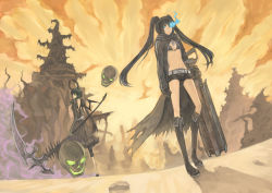 Rule 34 | 10s, 2girls, absurdres, arm cannon, bikini, bikini top only, black hair, black rock shooter, black rock shooter (character), blue eyes, boots, curly hair, dead master, glowing, glowing eyes, highres, long hair, meguro shigatsu, midriff, multiple girls, navel, scythe, shorts, skull, swimsuit, twintails, weapon