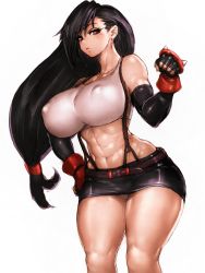 Rule 34 | 1girl, abs, bare shoulders, black gloves, black hair, breasts, brown eyes, closed mouth, collarbone, covered erect nipples, cowboy shot, crop top, earrings, elbow gloves, final fantasy, final fantasy vii, fingerless gloves, fumio (rsqkr), gloves, hand on own hip, highres, jewelry, large breasts, lips, long hair, midriff, miniskirt, muscular, muscular female, navel, panties, short shorts, shorts, simple background, skirt, solo, suspenders, thighs, tifa lockhart, underwear, upskirt, very long hair, white background, white panties