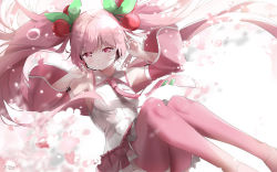 Rule 34 | 1girl, asahi kuroi, bare shoulders, bubble, cherry blossoms, cherry hair ornament, commentary, detached sleeves, floating hair, food-themed hair ornament, hair ornament, hands up, hatsune miku, headphones, headset, highres, long hair, looking at viewer, miniskirt, necktie, pink eyes, pink hair, pink necktie, pink skirt, pink sleeves, pink thighhighs, pleated skirt, sakura miku, shirt, shoulder tattoo, signature, sitting, skirt, sleeveless, sleeveless shirt, smile, solo, tattoo, thighhighs, twintails, very long hair, vocaloid, white shirt