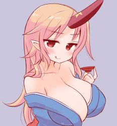 Rule 34 | 1girl, :q, bad id, bad pixiv id, bare shoulders, blonde hair, blush, breasts, cleavage, cup, drunk, female focus, horns, hoshiguma yuugi, large breasts, long hair, looking at viewer, mashiro miru, pointy ears, purple background, red eyes, sakazuki, simple background, single horn, solo, tongue, tongue out, touhou