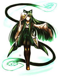 Rule 34 | 1girl, absurdres, animal ears, bell, neck bell, cat ears, collar, facepaint, green hair, highres, hime cut, japanese clothes, kotoba noriaki, long hair, mask, miko, multiple tails, nail polish, original, shoes, slit pupils, solo, tail, thighhighs, traditional clothes, two tails, very long hair, yellow eyes