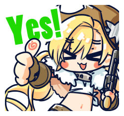 Rule 34 | &gt; &lt;, 1girl, :3, :d, belt, blonde hair, blush stickers, brown gloves, chibi, chinese commentary, closed eyes, colt revolver (girls&#039; frontline), colt single action army, commentary request, cowboy hat, facing viewer, fingerless gloves, fingerprint, fur collar, girls&#039; frontline, gloves, gun, handgun, hat, highres, holding, holding gun, holding weapon, long hair, navel, official art, open mouth, revolver, shirt, simple background, smile, solo, su xiao jei, thumbs up, tied shirt, twintails, upper body, weapon, white background, white shirt, xd, yes