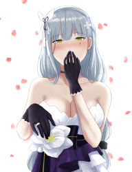Rule 34 | 1girl, bare shoulders, black gloves, blue hair, blush, breasts, cleavage, collarbone, covering own mouth, cyka, dress, earrings, floral background, flower, girls&#039; frontline, gloves, green eyes, hair flower, hair ornament, highres, hk416 (girls&#039; frontline), hk416 (starry cocoon) (girls&#039; frontline), jewelry, large breasts, long hair, looking at viewer, open mouth, petals, ring, solo, white background