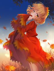 Rule 34 | 1girl, aki shizuha, autumn, autumn leaves, blonde hair, blush, clothes lift, hair ornament, highres, iris anemone, leaf, leaf hair ornament, lifted by self, long sleeves, maple leaf, outdoors, red shirt, red skirt, shirt, short hair, skirt, skirt lift, solo, touhou, yellow eyes