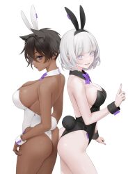 Rule 34 | 2girls, animal ears, ass, ass-to-ass, ass press, bare arms, bare legs, bare shoulders, black leotard, bow, breasts, brown hair, dark-skinned female, dark skin, detached collar, fake animal ears, hair flaps, highleg, highleg leotard, highres, large breasts, leotard, looking at viewer, looking to the side, medium breasts, micchan (ohisashiburi), multiple girls, nacchan (ohisashiburi), nail polish, ohisashiburi, open mouth, original, pale skin, playboy bunny, purple eyes, rabbit, rabbit ears, rabbit tail, short hair, signature, simple background, smile, strapless, strapless leotard, tail, white background, white hair, white leotard, wrist cuffs, zipper