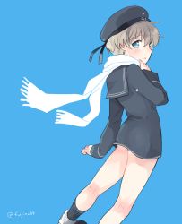 Rule 34 | 10s, 1girl, aqua eyes, beret, blue background, blush, brown hair, clothes writing, dress, from behind, fuji fujino, hat, kantai collection, kneepits, looking at viewer, sailor dress, sailor hat, scarf, short hair, solo, twitter username, z1 leberecht maass (kancolle)