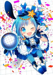 Rule 34 | 1girl, ;), animal ears, blue eyes, blue hair, blue pantyhose, blush, breasts, confetti, female focus, foreshortening, from above, full body, hat, looking at viewer, matching hair/eyes, microphone, mini hat, n:go, one eye closed, outstretched arms, pantyhose, personification, pixiv, pixiv-tan, rabbit ears, smile, socks over pantyhose, solo, star (symbol), white background