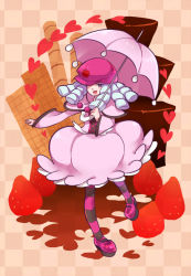 Rule 34 | 10s, 1girl, :d, bubble skirt, cake, checkered background, chocolate cake, food, fruit, full body, grey eyes, happinesscharge precure!, hat, heart, hirounp, hosshiwa, open mouth, pantyhose, pink hat, pink skirt, precure, ringlets, shoes, short hair, skirt, smile, solo, standing, strawberry, striped clothes, striped pantyhose, umbrella, wafer, white hair