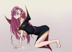 Rule 34 | 1girl, bare shoulders, blue eyes, breasts, cape, censored, code geass, convenient censoring, earrings, euphemia li britannia, grey background, jewelry, long hair, naked cape, nude, pink hair, puddle, purple eyes, water, wet, zero (code geass)