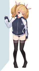 Rule 34 | 1girl, absurdres, adjusting clothes, adjusting legwear, ahoge, black jacket, black thighhighs, blonde hair, blue archive, blush, brown eyes, buruma, closed mouth, full body, hair ribbon, halo, highres, jacket, long sleeves, looking at viewer, medium hair, multicolored clothes, multicolored jacket, no shoes, ribbon, simple background, sjuno, sleeves past wrists, solo, standing, thighhighs, tiptoes, track jacket, twintails, two-tone jacket, white background, white jacket, white ribbon, yoshimi (blue archive)