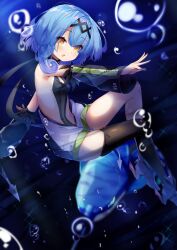 Rule 34 | 1girl, absurdres, armpits, asymmetrical legwear, azur lane, blue hair, blurry, breasts, bubble, commentary request, depth of field, detached sleeves, eyes visible through hair, hair between eyes, hair ornament, highres, leer.meer, looking at viewer, midriff, name connection, nautilus (animal), nautilus (azur lane), navel, non-humanoid robot, ocean, robot, robot animal, science fiction, short hair, short hair with long locks, sidelocks, small breasts, solo, underwater, yellow eyes, zipper