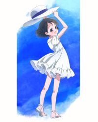 Rule 34 | 1girl, :o, arms up, black eyes, black hair, blue background, blush, commentary, dot nose, dress, flat chest, frilled dress, frills, full body, hair ornament, hairclip, hat, highres, holding, holding clothes, holding hat, idolmaster, idolmaster cinderella girls, legs, looking at viewer, megabee e, open mouth, sandals, sasaki chie, short hair, short sleeves, solo, standing, sun hat, symbol-only commentary, thighs, white dress, white footwear, wind