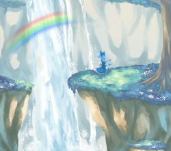 Rule 34 | 1girl, burnia, cirno, cliff, dress, female focus, flower, nature, outdoors, plant, rainbow, scenery, solo, embodiment of scarlet devil, touhou, water, waterfall