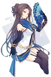 Rule 34 | 1girl, achan (blue semi), animal print, asymmetrical bangs, black gloves, black thighhighs, blue background, bracelet, breasts, brown hair, butterfly print, cleavage, countdown, crossed legs, detached collar, dress, earrings, eiyuu densetsu, elbow gloves, falcom, folding fan, garter straps, gloves, hand fan, highres, invisible chair, jewelry, lace, lace-trimmed legwear, lace trim, lips, long hair, looking at viewer, medium breasts, mole, mole under eye, purple eyes, sen no kiseki, short dress, simple background, sitting, smile, solo, thighhighs, two-tone background, vita clotilde, white background