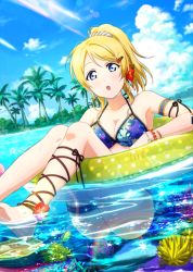 Rule 34 | 10s, 1girl, :o, ankle lace-up, anklet, arm garter, ayase eli, bare shoulders, barefoot, bikini, blonde hair, blue eyes, blue sky, blush, bracelet, breasts, bridal garter, cleavage, cloud, collarbone, coral, coral reef, crescent moon, cross-laced footwear, day, floral print, flower, frilled bikini, frills, hair flower, hair ornament, hairclip, halterneck, heart, hibiscus, highres, in water, innertube, jewelry, jpeg artifacts, legs, looking at viewer, love live!, love live! school idol festival, love live! school idol project, medium breasts, moon, official art, palm tree, partially submerged, polka dot, ponytail, resized, scrunchie, see-through, short hair, sitting, sky, solo, sparkle, star (symbol), striped clothes, striped scrunchie, swept bangs, swim ring, swimsuit, tree, upscaled, water
