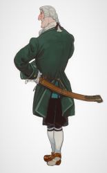 Rule 34 | 1boy, absurdres, black eyes, black pants, black ribbon, brown footwear, coat, collared shirt, david livesey, frilled sleeves, frills, from behind, full body, green coat, grey background, grin, hair ribbon, half-closed eyes, happy, heel up, highres, holding, holding sword, holding weapon, kneehighs, legs together, looking at viewer, looking back, male focus, medium hair, mossacannibalis, pants, ponytail, profile, ribbon, scabbard, sheath, sheathed, shirt, shoes, simple background, smile, socks, solo, standing, sword, teeth, treasure island, treasure island (1988), weapon, white hair, white shirt, white socks