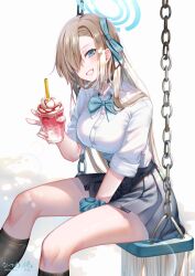 Rule 34 | 1girl, artist name, asuna (blue archive), asymmetrical bangs, between legs, black skirt, black socks, blue archive, blue choker, blue eyes, blue ribbon, blue scrunchie, bow, bowtie, breasts, buttons, chain, choker, collared shirt, commentary request, condensation, cup, dappled sunlight, disposable cup, drinking straw, feet out of frame, fingernails, frappuccino, from side, grin, hair between eyes, hair over one eye, hair ribbon, halo, hand between legs, hand up, high-waist skirt, holding, holding cup, kneehighs, large breasts, lens flare, light blush, light brown hair, long hair, looking at viewer, looking to the side, loose bowtie, miniskirt, natsume koji, pleated skirt, ribbon, school uniform, scrunchie, shirt, sitting, skirt, sleeves past elbows, sleeves rolled up, smile, socks, solo, sunlight, swing, tree shade, v, very long hair, white background, white shirt, wrist scrunchie