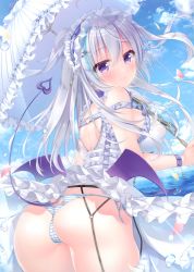 Rule 34 | 1girl, absurdres, ahoge, aqua hair, ass, bare shoulders, blush, breasts, cameltoe, chain, closed mouth, commentary request, day, demon tail, demon wings, detexted, dress, frills, garter belt, hair between eyes, highres, holding, holding umbrella, komiya hitoma, long hair, looking at viewer, looking back, maid headdress, medium breasts, multicolored hair, non-web source, original, panties, panties over garter belt, petals, purple eyes, silver hair, sky, smile, solo, standing, striped clothes, striped panties, tail, thighhighs, third-party edit, thong, umbrella, underwear, white thighhighs, wings