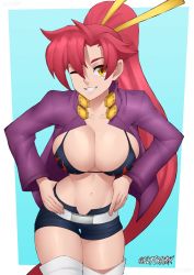 Rule 34 | 1girl, artist name, belt, bikini, boots, breasts, cleavage, collarbone, flytrapxx, grin, hands on own hips, highres, jacket, large breasts, long hair, navel, one eye closed, ponytail, red hair, short shorts, shorts, smile, solo, stomach, swimsuit, tengen toppa gurren lagann, thigh boots, thigh gap, thighhighs, thighs, very long hair, wink, yellow eyes, yoko littner